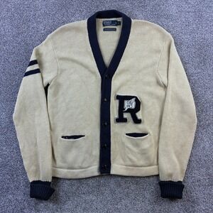 Vintage Polo Ralph Lauren Cardigan Sweater Mens L Varsity Letterman Linen P Wing